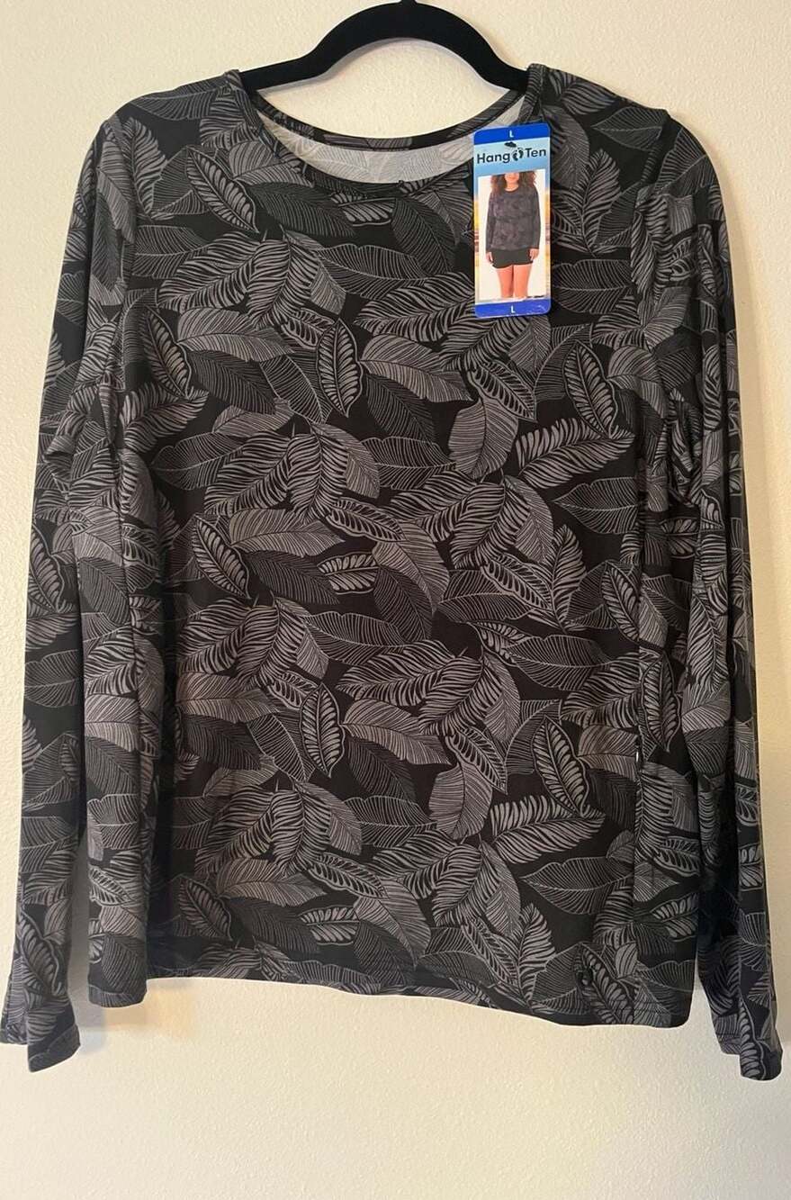 NWT Hang Ten Women's Long Sleeve Sun Tee UPF 50+ Black Leaf Print Shirt (FB1)